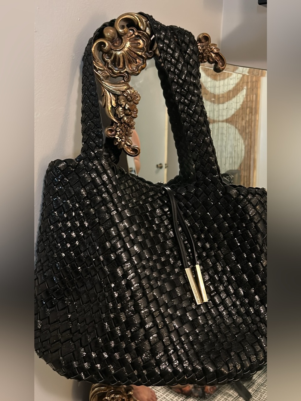 Calvin Klein Black Woven Tote with Gold Accents
